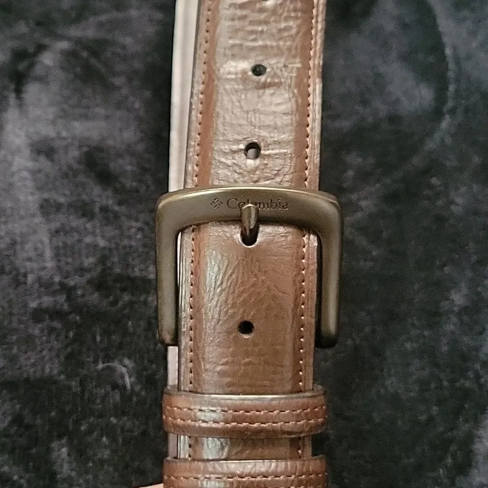 Columbia Oil Tan Leather double loop belt brown brass casual M 34/36